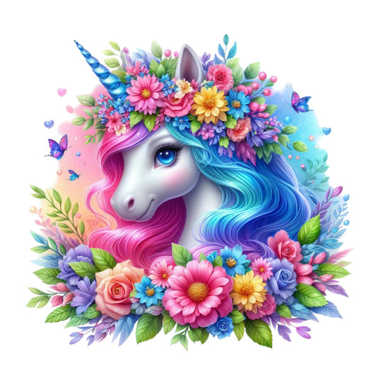 Colorful Magical Unicorn Fabric Panel 11 featuring a vibrant unicorn with rainbow mane and floral crown on premium quilting cotton