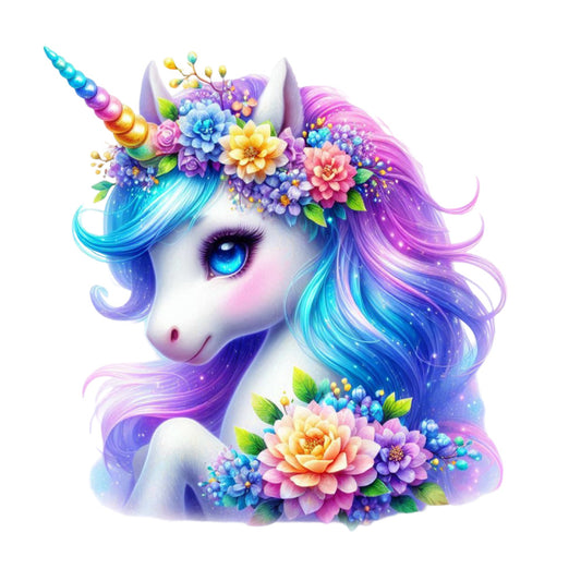 Colorful Magical Unicorn Fabric Panel 12 featuring a vibrant unicorn with rainbow mane and floral crown on premium quilting cotton.