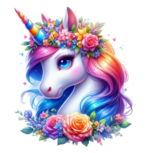 Colorful Magical Unicorn Fabric Panel 13 featuring a vibrant unicorn with a rainbow mane and floral crown on premium quilting cotton.