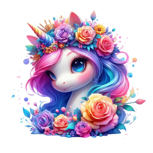 Colorful Magical Unicorn Fabric Panel 14 features a whimsical unicorn with vibrant rainbow mane and floral crown, printed on premium cotton.