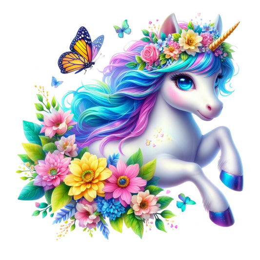 Colorful Magical Unicorn Fabric Panel 15 with vibrant rainbow mane, floral crown, surrounding flowers, and butterflies on white background.