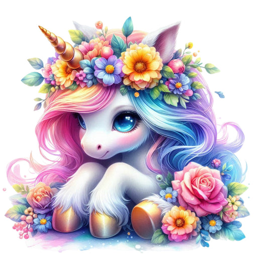 Colorful Magical Unicorn Fabric Panel 16 featuring a bright unicorn with rainbow mane and floral crown on premium quilting cotton.