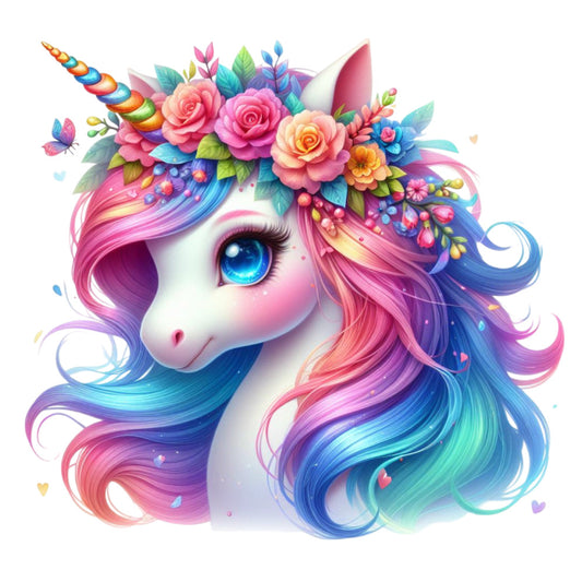 Colorful Magical Unicorn Fabric Panel 17 features a vibrant unicorn with rainbow mane and floral crown on premium quilting cotton.