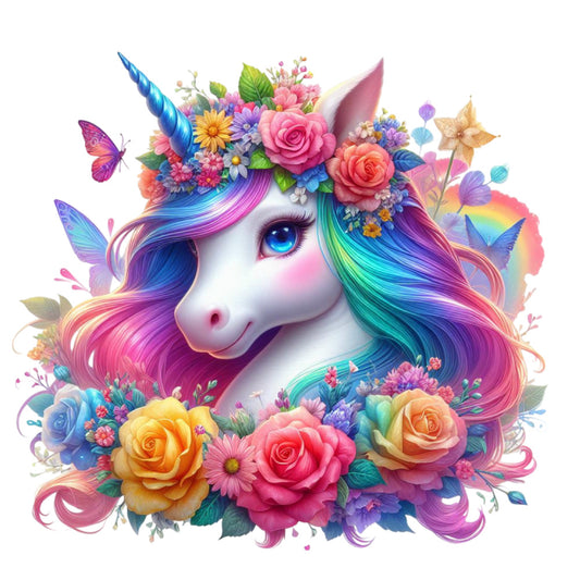 Colorful Magical Unicorn Fabric Panel 18 featuring a vibrant unicorn with rainbow hair and a floral crown on premium quilting cotton.