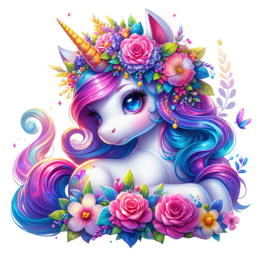 Colorful Magical Unicorn Fabric Panel 19 featuring a vibrant unicorn with flowing rainbow hair and floral crown on premium cotton fabric.