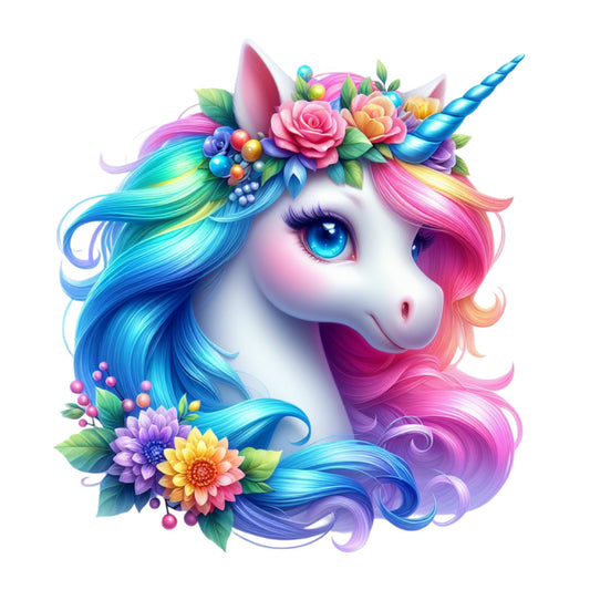 Colorful Magical Unicorn Fabric Panel 2 featuring a vibrant unicorn with rainbow mane and floral crown on premium quilting cotton.