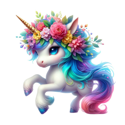Colorful Magical Unicorn Fabric Panel 20 featuring a vibrant unicorn with blue eyes and a multicolored floral mane.