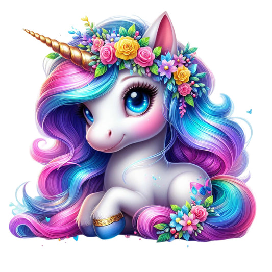 Colorful Magical Unicorn Fabric Panel 21 featuring a vibrant unicorn with rainbow mane and floral crown in premium quilting cotton.