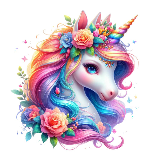 Colorful Magical Unicorn Fabric Panel 22 with vibrant rainbow mane and floral crown on premium quilting cotton print.