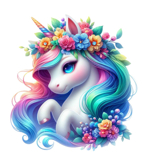 Colorful Magical Unicorn Fabric Panel 23 featuring a vibrant unicorn with a rainbow mane and floral crown in premium quilting cotton.