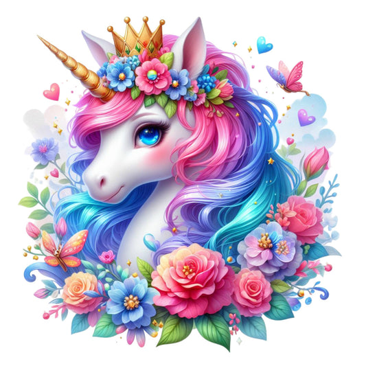 Colorful Magical Unicorn Fabric Panel 24 showing a vibrant unicorn with rainbow mane, golden horn, crown, and surrounded by bright flowers and butterflies.