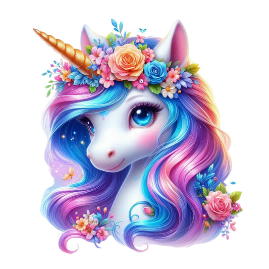 Colorful Magical Unicorn Fabric Panel 25 with vibrant pastel mane, golden horn, and floral crown in premium quilting cotton.
