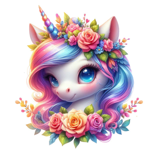 Colorful Magical Unicorn Fabric Panel 26 featuring a vibrant unicorn with rainbow mane and floral crown on premium quilting cotton.