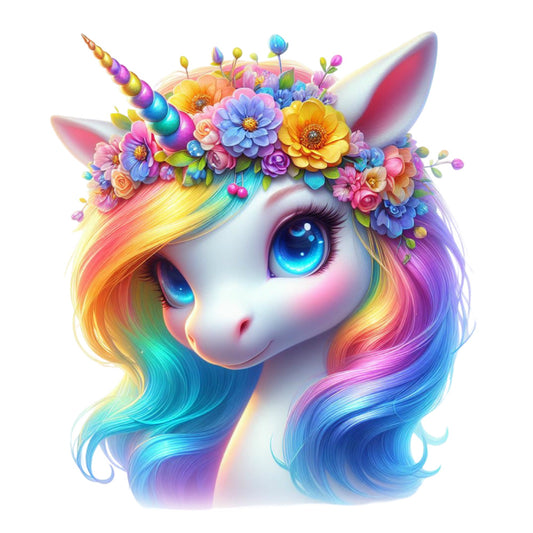 Colorful Magical Unicorn Fabric Panel 27 featuring a rainbow mane unicorn with a vibrant floral crown and big blue eyes on premium quilting cotton.
