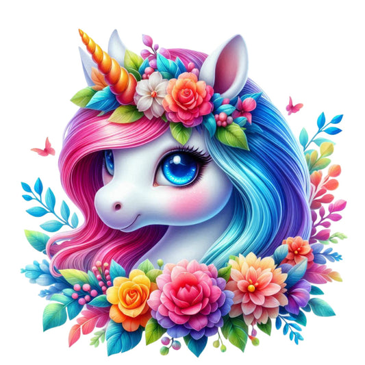 Colorful Magical Unicorn Fabric Panel 28 featuring a vibrant unicorn with pink and blue mane and a floral crown on premium fabric.