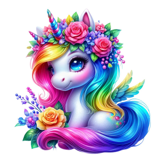 Colorful Magical Unicorn Fabric Panel 29 showcases a vibrant unicorn with rainbow mane, flowers, and sparkling blue eyes in premium quilting cotton.