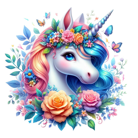Colorful Magical Unicorn Fabric Panel 4 featuring a vibrant unicorn with rainbow mane and floral crown surrounded by butterflies and blooms.