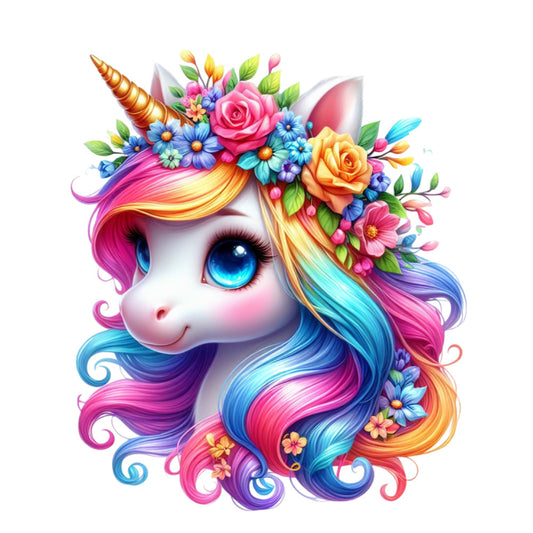 Colorful Magical Unicorn Fabric Panel 5 showcasing a vibrant unicorn head with rainbow mane and floral crown on premium quilting cotton.
