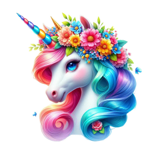 Colorful Magical Unicorn Fabric Panel 6 featuring a vibrant unicorn head with rainbow mane and floral crown on premium quilting cotton.