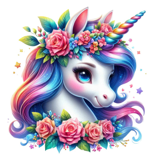 Colorful Magical Unicorn Fabric Panel 7 featuring a vibrant unicorn with rainbow mane and floral crown in premium quilting cotton design.