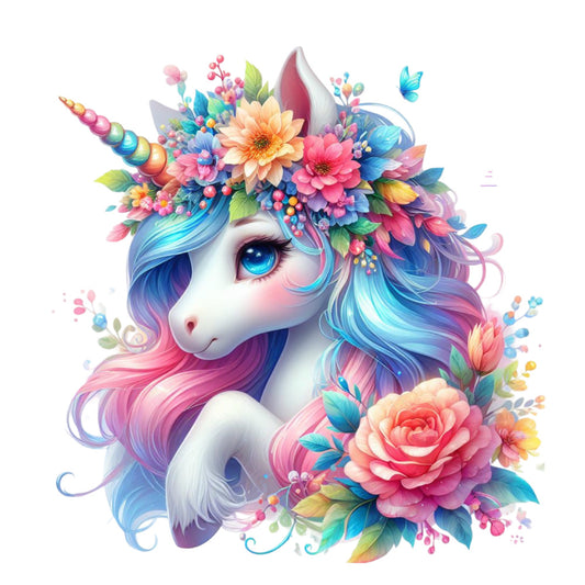 Colorful Magical Unicorn Fabric Panel 8 featuring a pastel unicorn with a floral crown and vibrant blue and pink mane design.