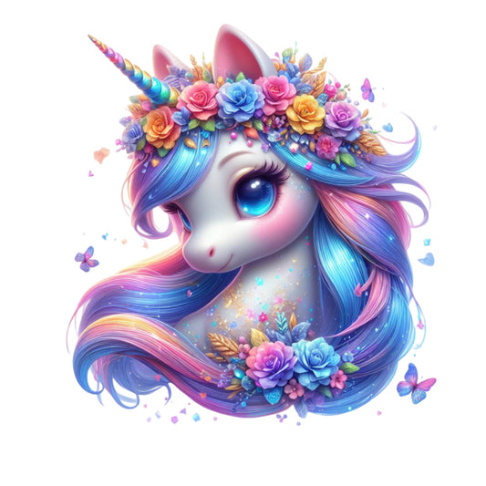 Colorful Magical Unicorn Fabric Panel 9 featuring a vibrant unicorn with rainbow hair and floral crown in premium quilting cotton.