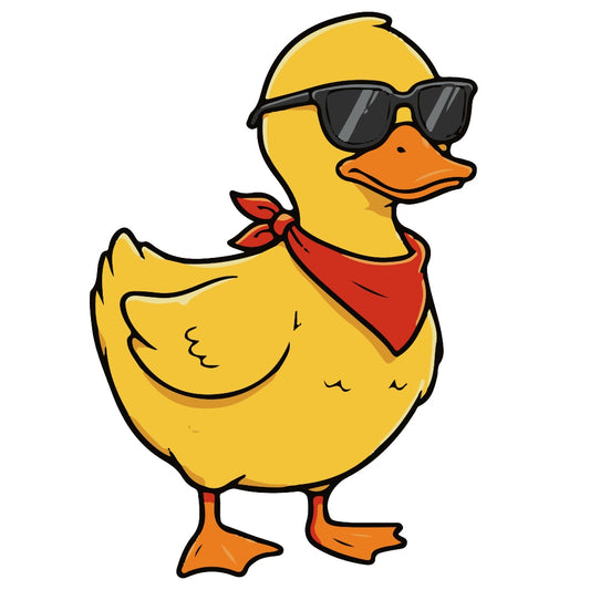 Cool Duck Fabric Panel featuring a stylish yellow duck with sunglasses and a red bandana, printed on premium quilting cotton.