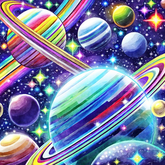 Cosmic Space Fabric Panel 1 showing vibrant, colorful planets with rings and sparkling stars on premium quilting cotton fabric.