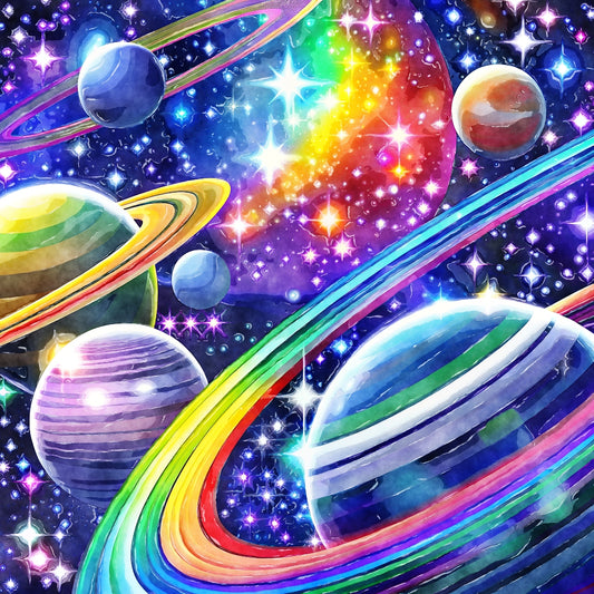 Cosmic Space Fabric Panel 10 showing vibrant, colorful planets and stars on premium quilting cotton printed in the USA.