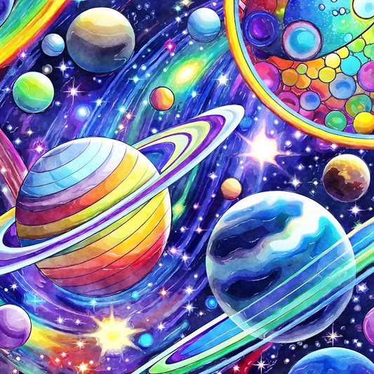 Cosmic Space Fabric Panel 11 features a vibrant, colorful depiction of planets and stars on premium quilting cotton.