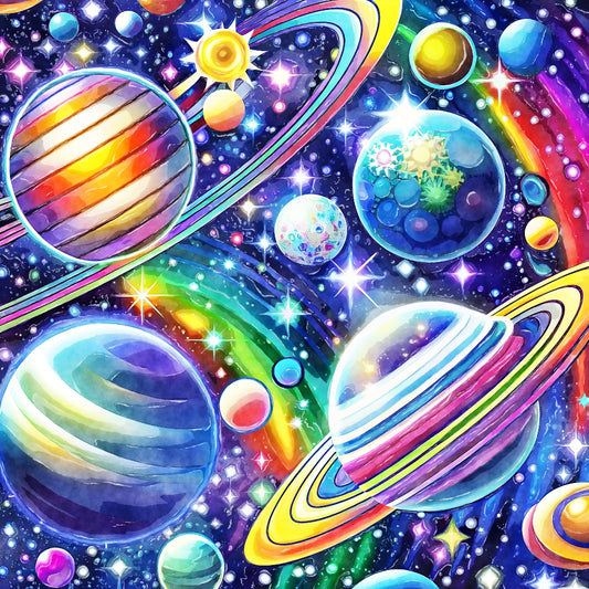 Cosmic Space Fabric Panel 12 featuring vibrant, colorful planets and stars printed on premium quilting cotton in the USA.