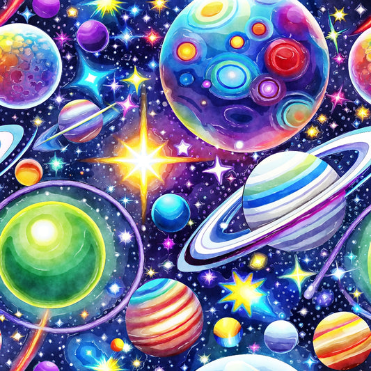 Cosmic Space Fabric Panel 2 featuring vibrant planets and stars printed on premium quilting cotton with rich colorful details.