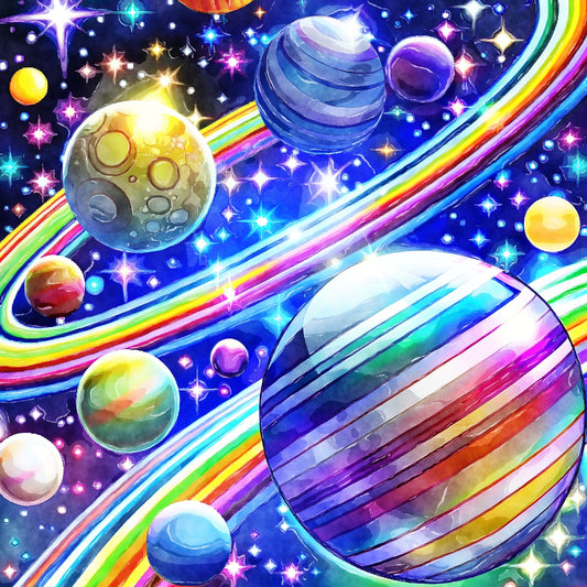 Cosmic Space Fabric Panel 3 with vibrant planets and rainbow rings printed on premium quilting cotton in the USA.