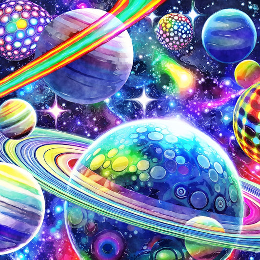Cosmic Space Fabric Panel 4 featuring vibrant, colorful planets and stars printed on premium quilting cotton in the USA.