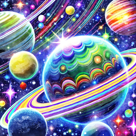 Cosmic Space Fabric Panel 5 features vibrant, colorful planets and stars printed on premium quilting cotton fabric.