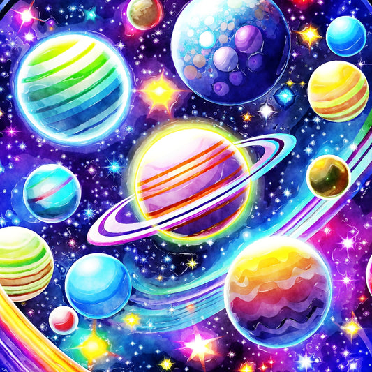 Bright colorful planets and stars in a vibrant galaxy pattern on the Cosmic Space Fabric Panel 6.