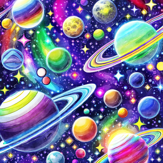 Cosmic Space Fabric Panel 7 featuring vibrant colorful planets and stars printed on premium quilting cotton fabric.