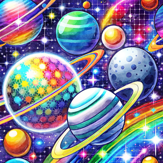 Cosmic Space Fabric Panel 8 featuring colorful planets and stars printed on premium quilting cotton with vibrant cosmic design.