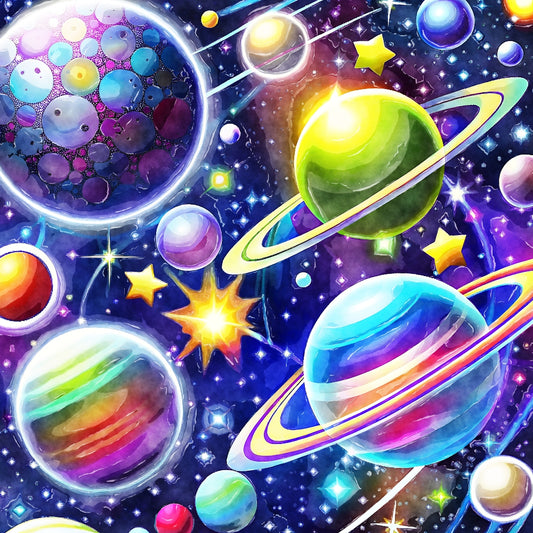 Cosmic Space Fabric Panel 9 featuring colorful planets, stars, and galaxies on premium quilting cotton printed in the USA.