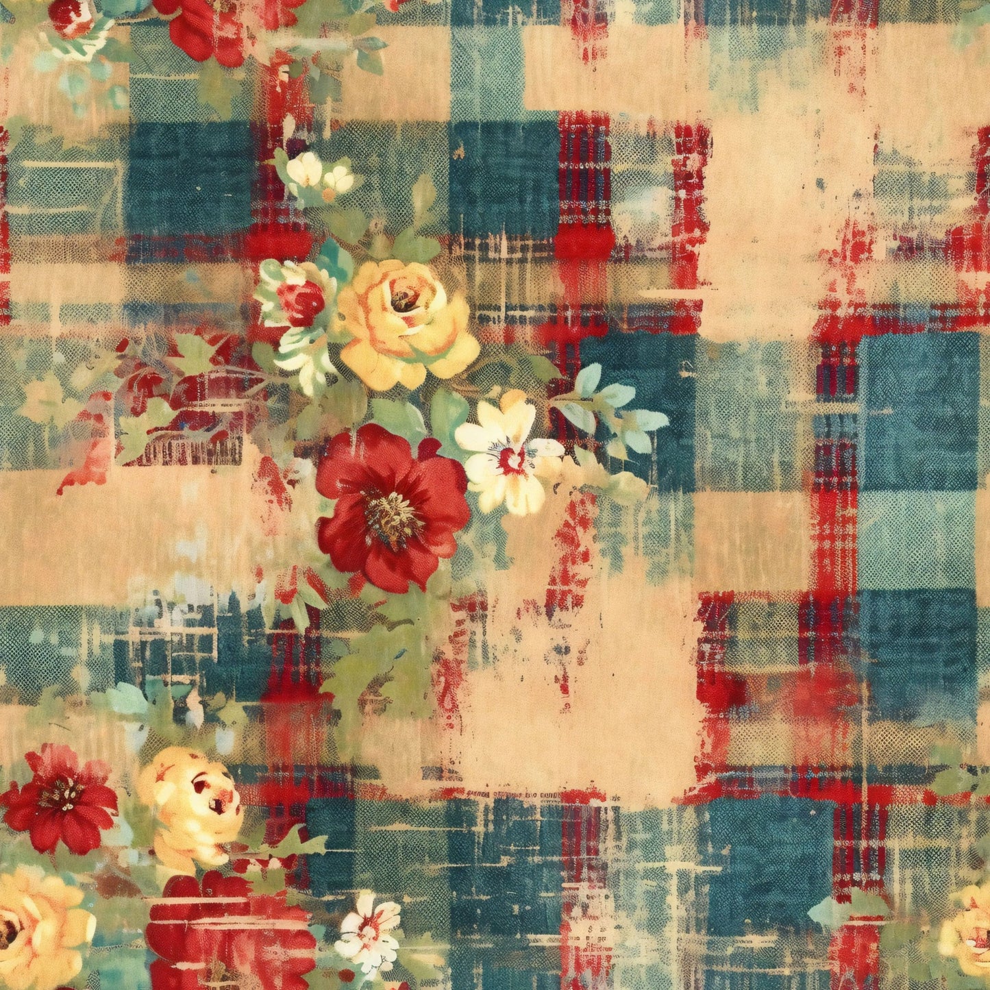 Country Grunge Plaid Florals Pattern 11 Quilting Cotton Fabric