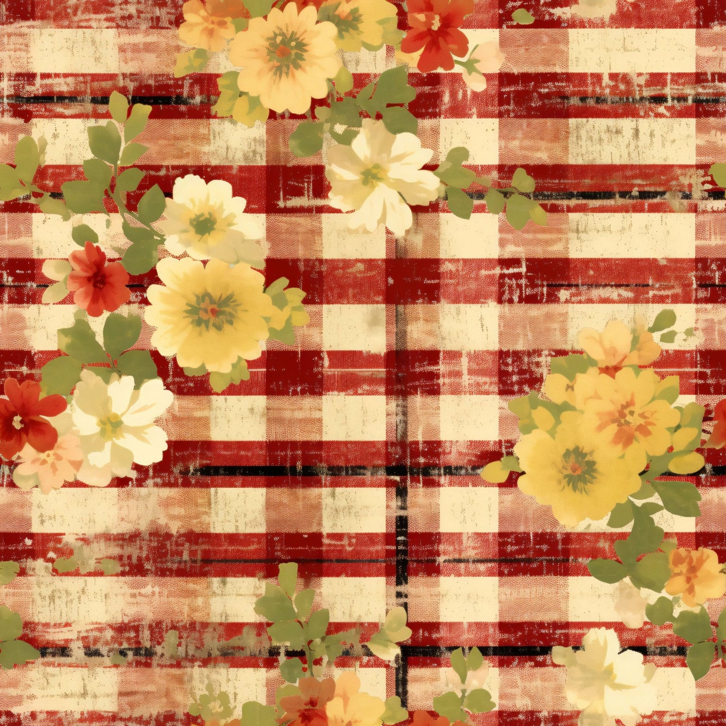 Country Grunge Plaid Florals Pattern 7 Quilting Cotton Fabric