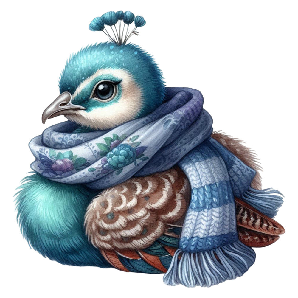 Cute Adorable Peacocks Fabric Panel 1 features a detailed blue peacock wearing a cozy floral scarf, printed on premium cotton fabric.