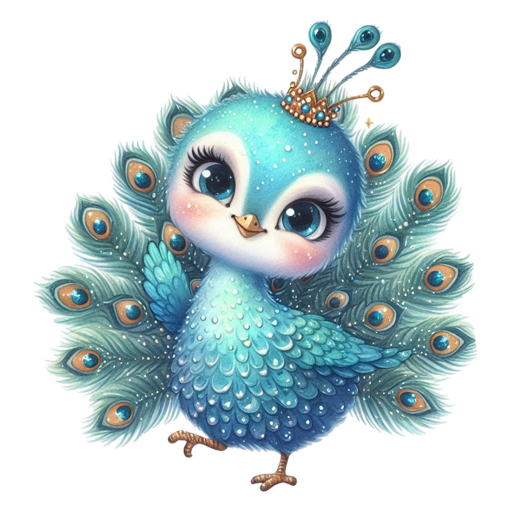 Cute Adorable Peacocks Fabric Panel 11 featuring a blue cartoon peacock with a crown and detailed feathers in premium quilting cotton.