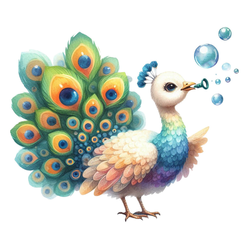 Cute Adorable Peacocks Fabric Panel 12 features a colorful, whimsical peacock blowing bubbles with vibrant feathers.