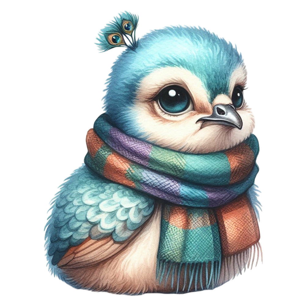 Cute Adorable Peacocks Fabric Panel 14 featuring a detailed blue peacock chick wearing a colorful scarf.