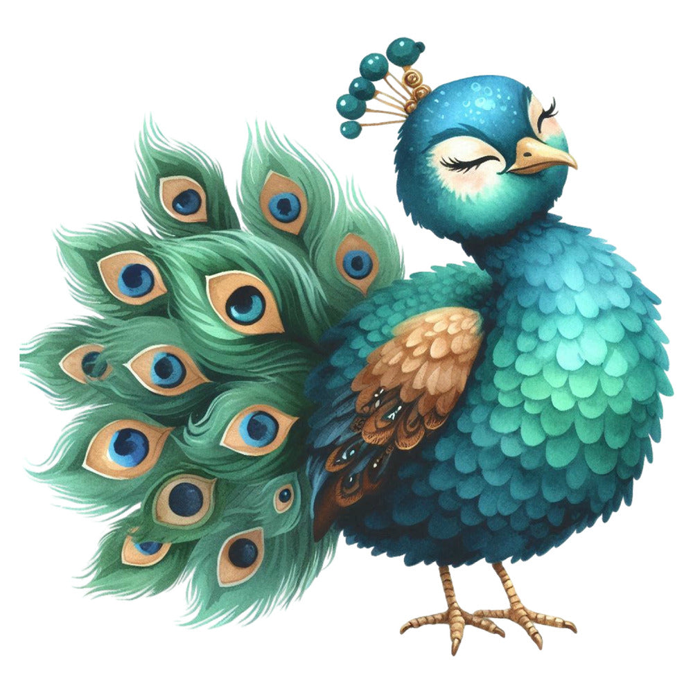 Cute Adorable Peacocks Fabric Panel 15 featuring a colorful, detailed peacock illustration with vibrant feathers and closed eyes.