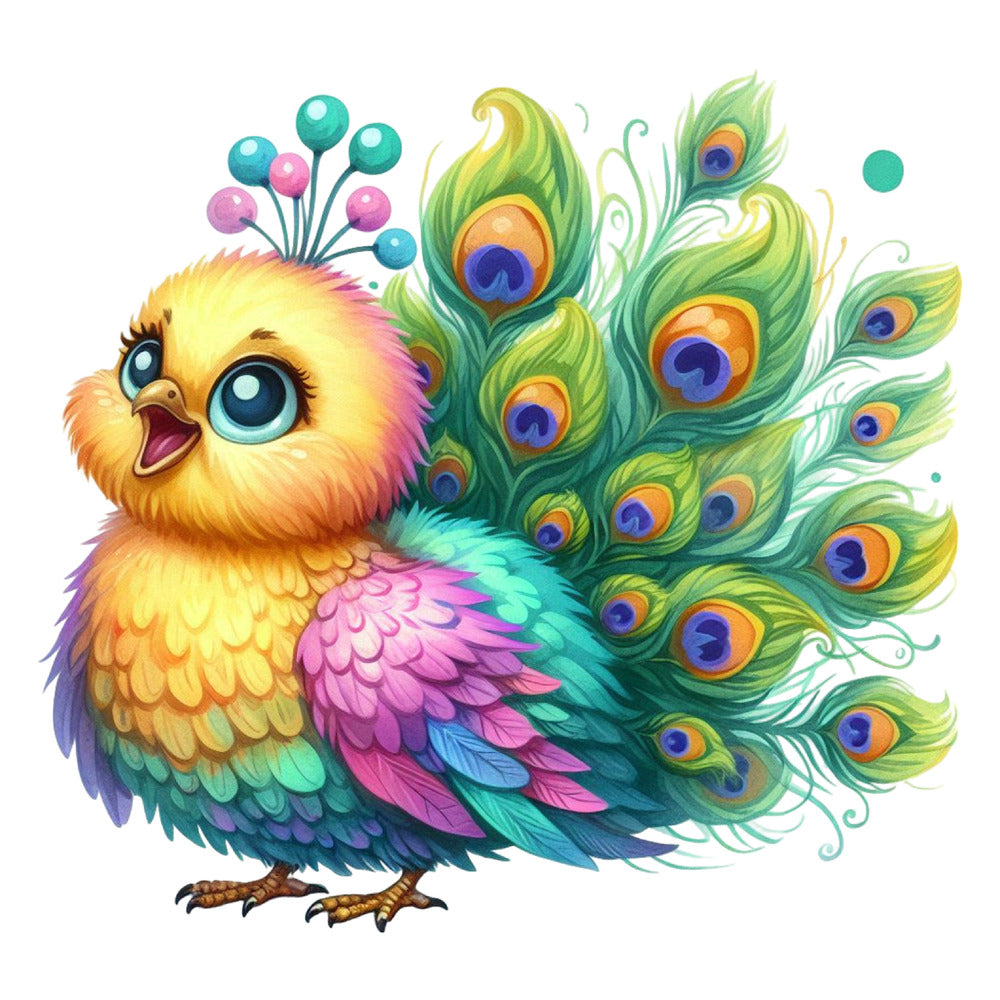 Cute Adorable Peacocks Fabric Panel 17 featuring a colorful, whimsical peacock with vibrant feathers and big eyes.