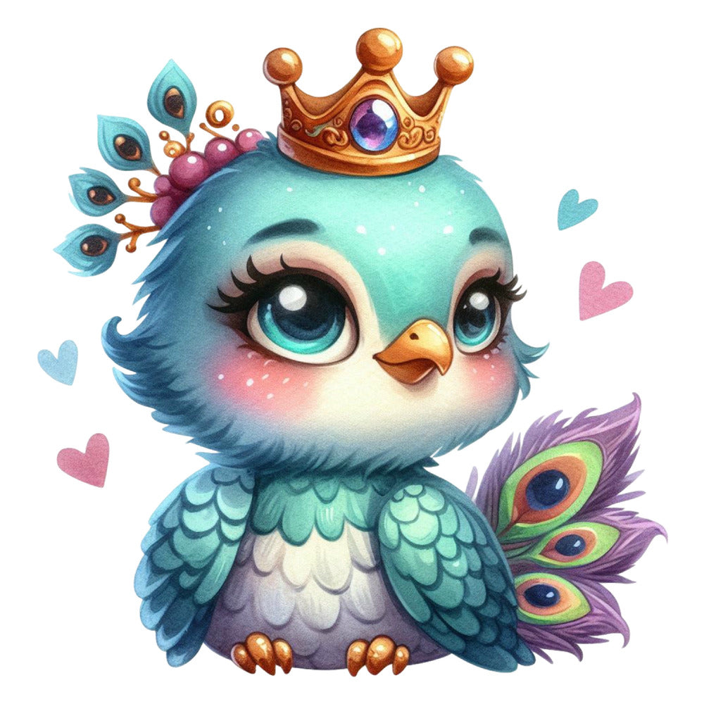 Cute Adorable Peacocks Fabric Panel 18 showing a whimsical crowned peacock with vibrant feathers and large expressive eyes.