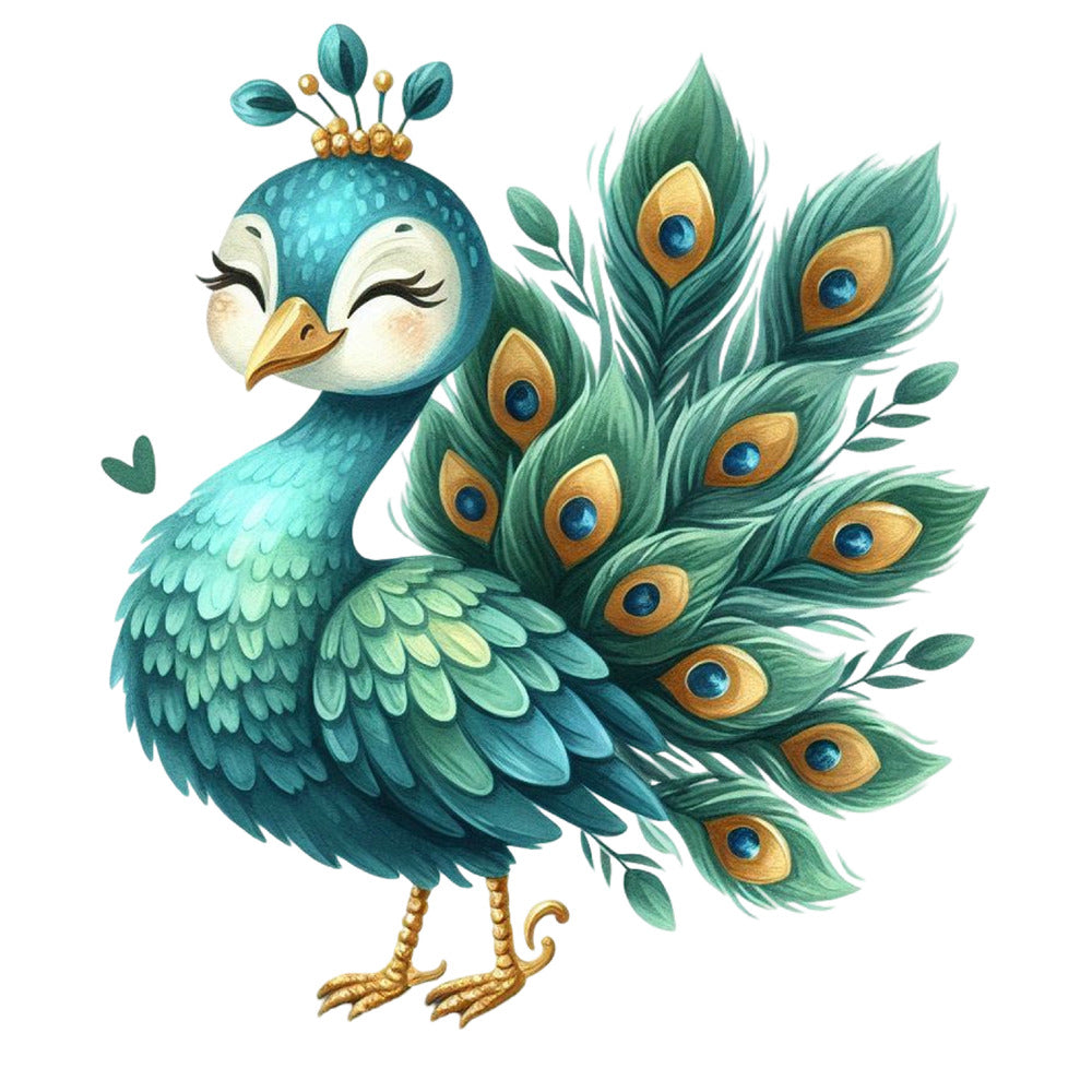 Cute Adorable Peacocks Fabric Panel 23 featuring a charming blue and green peacock with detailed feathers and a playful expression.