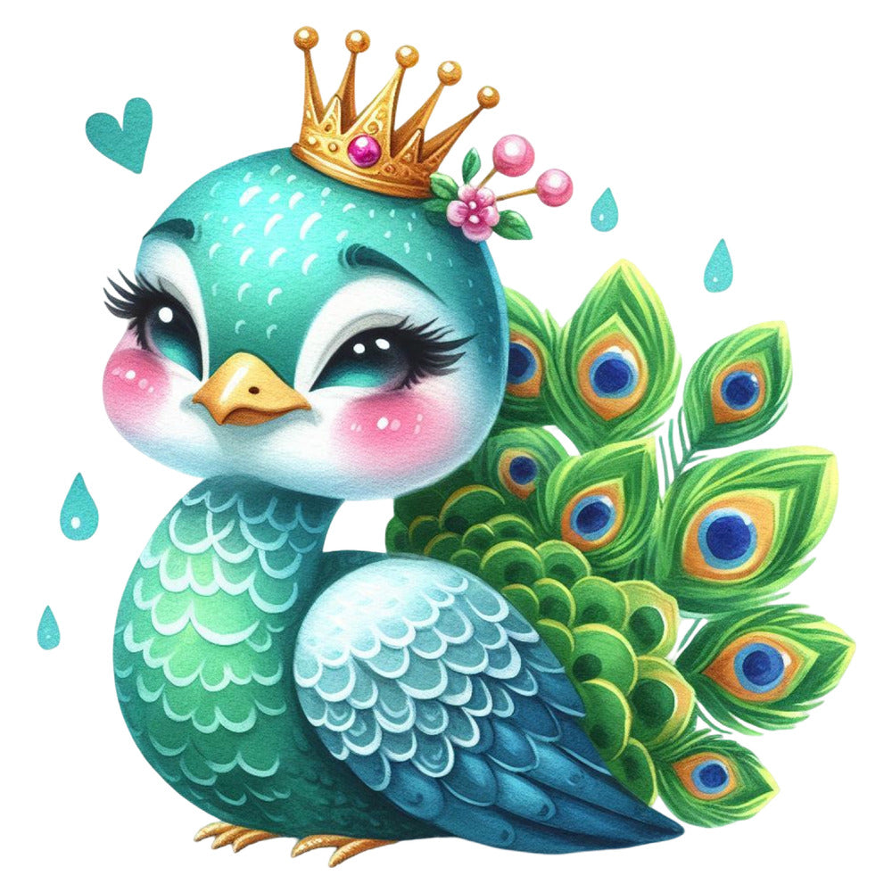 Cute Adorable Peacocks Fabric Panel 25 featuring a charming cartoon peacock with a golden crown and vibrant tail feathers.